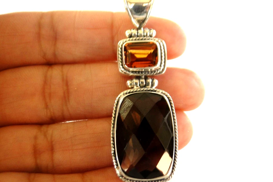 Colgante de plata de ley 925 de 2 piedras citrino amarillo cuarzo ahumado marrón Foto 2 de 4