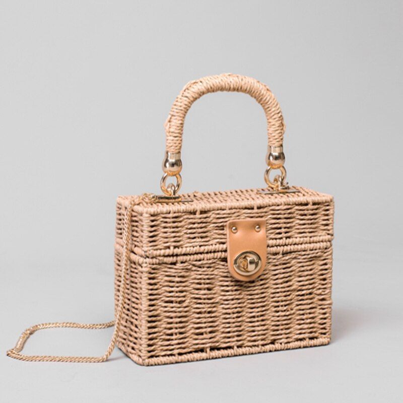 Black Straw Shoulder Bag Handwoven 19*14*7CM Bag Beach Square Box