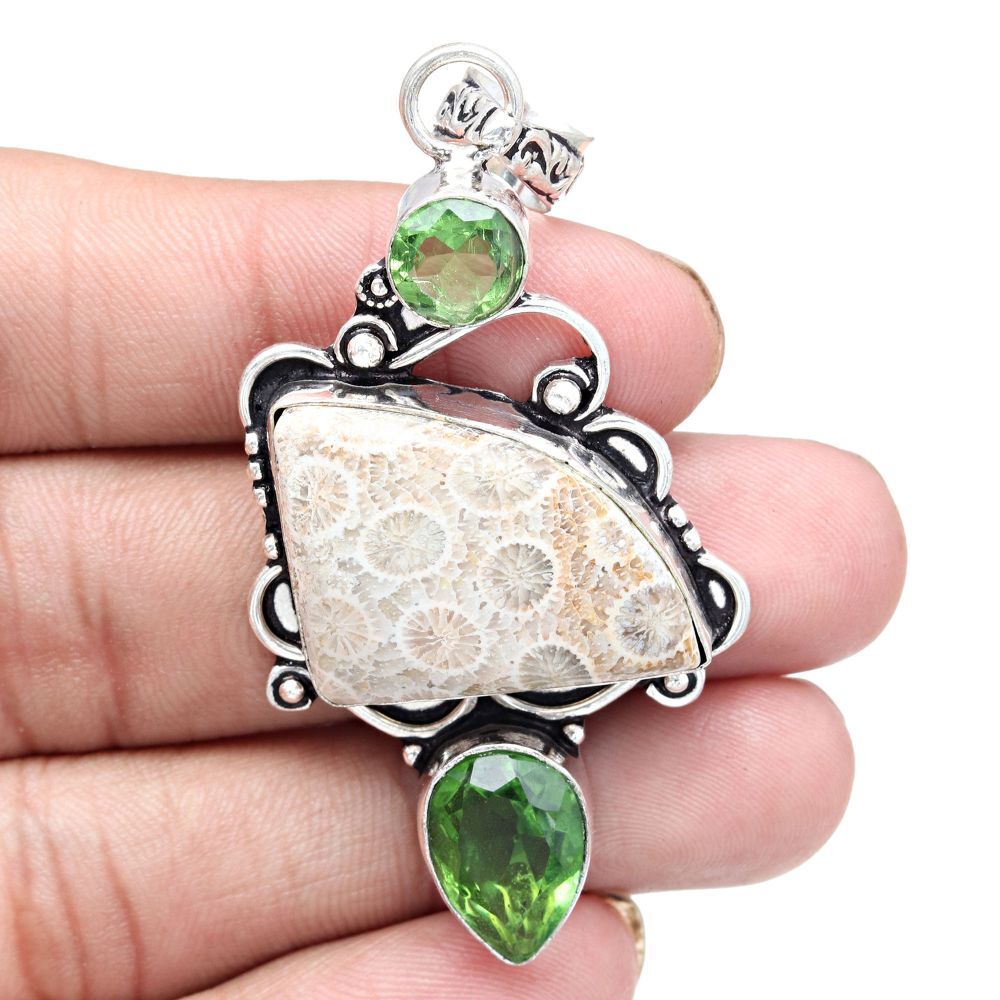 Fossil Coral Peridot Quartz Silver Pendant Necklace 2.5 Inch
