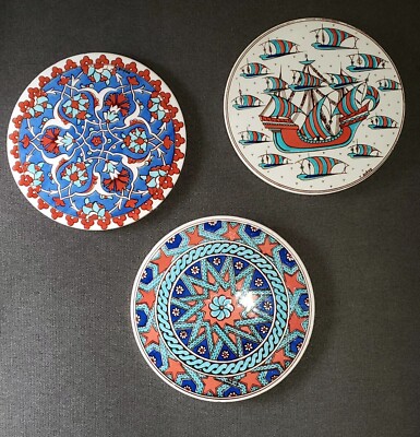 Lot of 3 Dogus Turkish Handmade Ceramic Tile 6'' Round Trivet