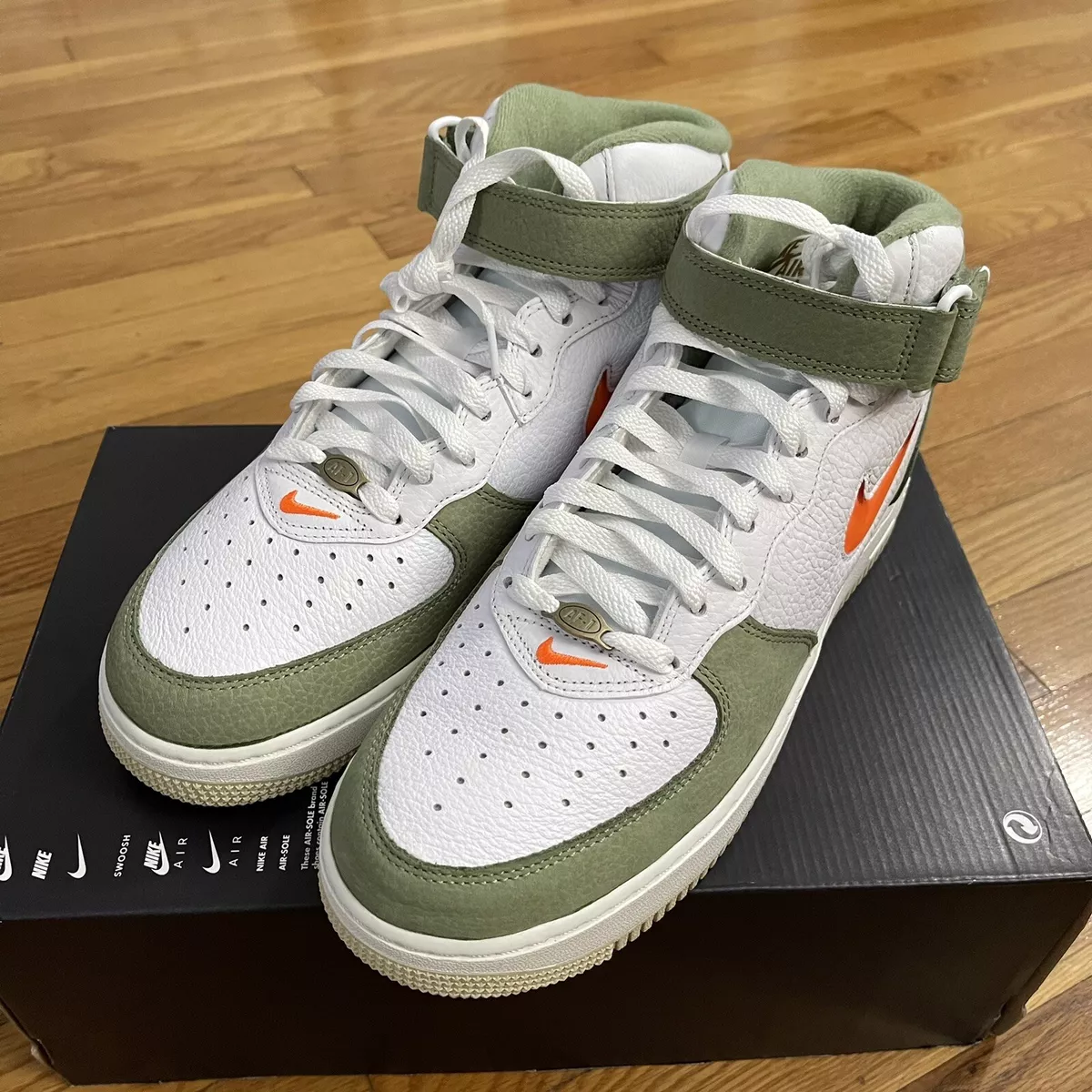 Nike Air Force 1 Mid QS 10.5 / White/Total Orange-Oil Green