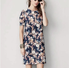 J CREW Blue & Beige Floral Buttoned Keyhole Silk Shift Dress Lined Size 4