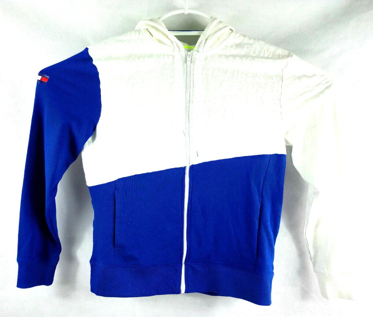 TOMMY HILFIGER Wayne Colorblock Full Zip Logo Hoodie White Blue Men s Sz Medium