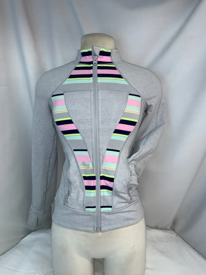 Chaqueta de Yoga Ivivva Niñas Talla 10 Gris Rosa Negro Rayas Poli Nylon Cremallera YGI L1-644 Foto 2 de 4