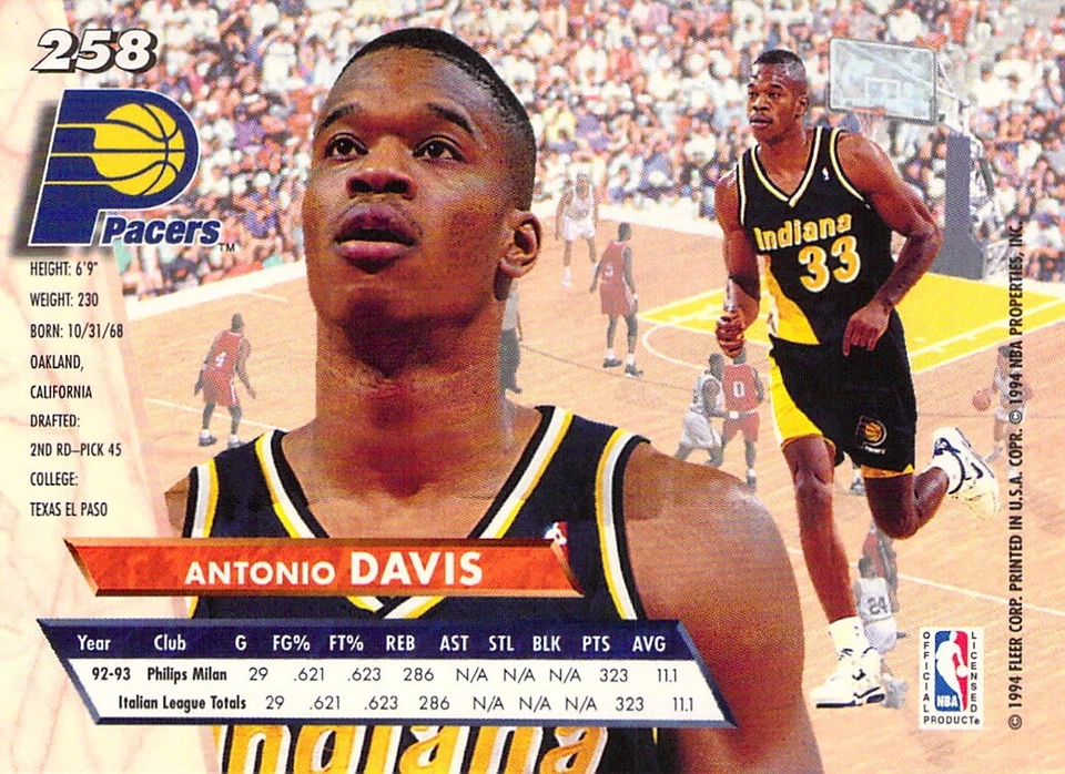 Antonio Davis RC 1993-94 Fleer Ultra Basketball Rookie Card #258 Indiana Pacers - Image 2 of 2