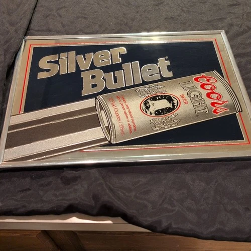 Vintage 1983 Mirrored Coors Light Silver Bullet Beer Sign 18” Wide By 13" tall