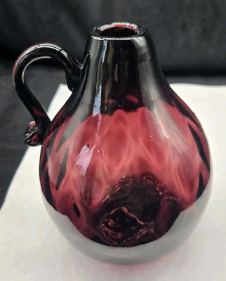 Vintage MCM Diamond Optic Amethyst Glass Jug / Vase w/ Applied Handle 6.25 H