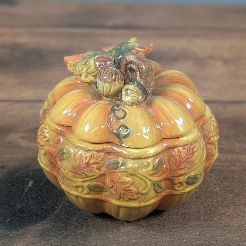 Pumpkin Trinket Box Fall Decor Autumn Leaves Acorns Ceramic Container - Image 2 of 4