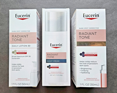 3 Eucerin RADIANT TONE Dark Spot Corrector Daily Lotion, Night Cream, Dual Serum
