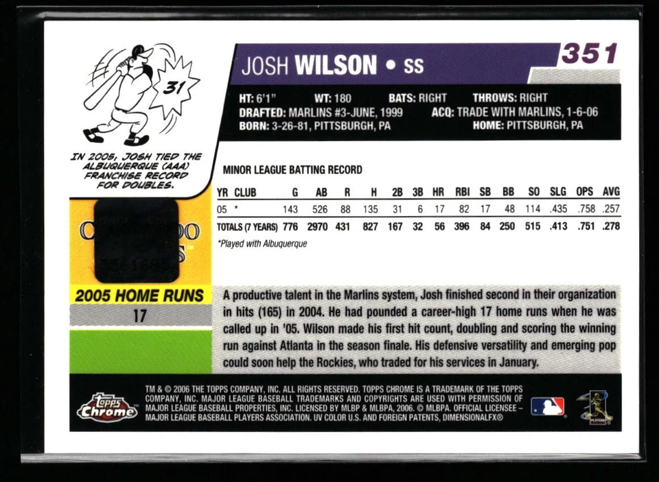 Josh Wilson 2006 Topps Chrome #351 Rookie Auto Colorado Rockies RC - Image 2 of 2