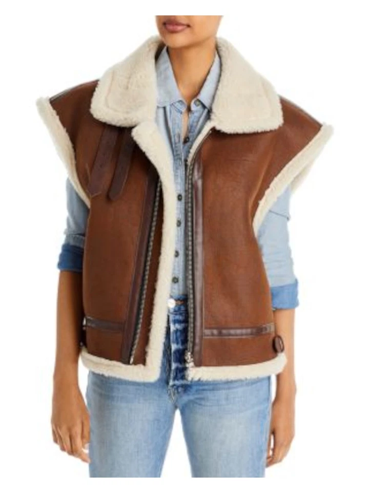 MOON RIVER Mujer Marrón Cremallera Bolsillo Hebilla Acentos Chaleco Chaqueta L Foto 3 de 4