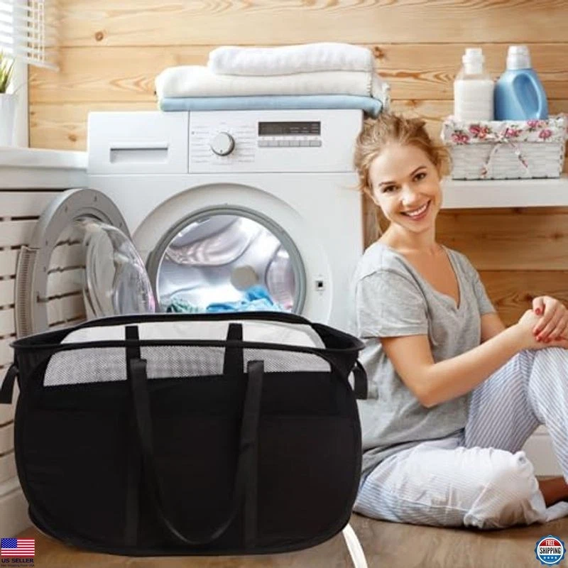 Комплект из 2 складных черных корзин для белья - прочные выдвижные корзины с ручками - Изображение 2 из 4