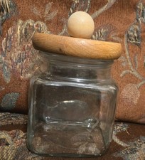 Vtg Anchor Hocking Square Apothecary Jar Canister Wooden Lid 4.5"