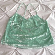 Victoria's Secret Mint Green Velvet Crop Cami Top Adjust Straps Women's Med EUC