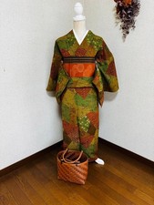 Kimono Small Pattern Casual Formal Geometric Watermark Green Orange Brown Japan