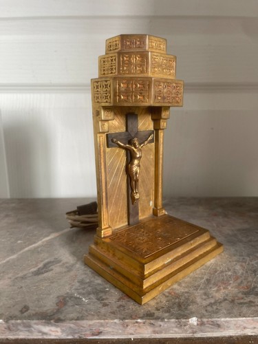 Ancien Lampe Table Chevet Croix Crucifix Doré Laiton Religieuse - Photo 7 sur 15