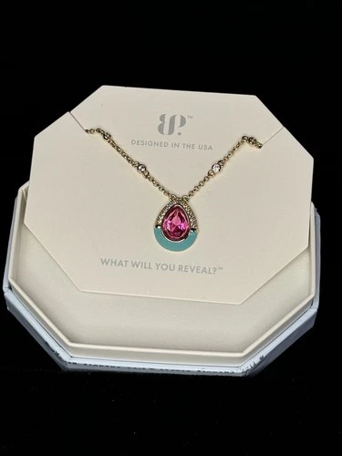 BP Gold Plated Teardrop Charm Pendant Necklace Teal Enamel Lab PinkCorundum 18"  - product listing photo