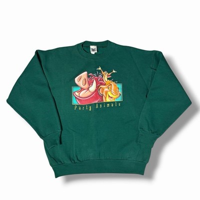 Disney VTG USA Lion King Green Crewneck LG DBL SIDED Party Animals Simba Pumba
