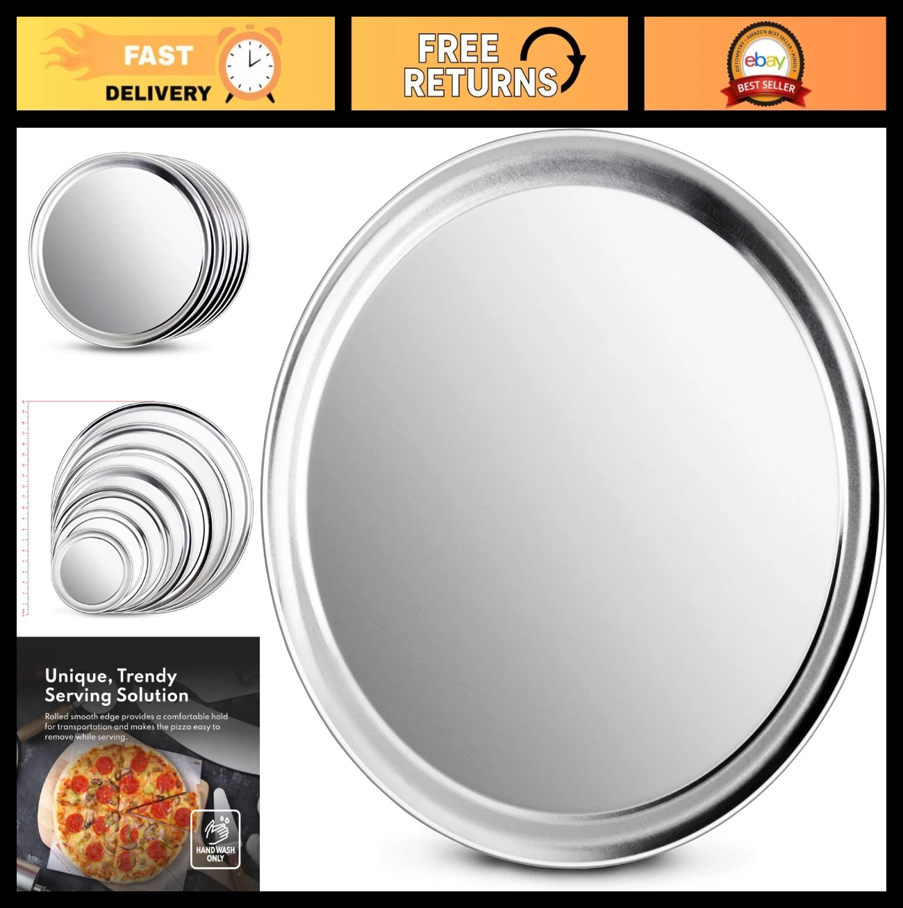 Restaurant-Grade Aluminum Pizza Pan Tray, Wide Rim, 14 Inch, Set of 6 - Durable