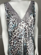 Jones New York Nightgown Women L Blue Satin lace animal print Y2k Slip Dress