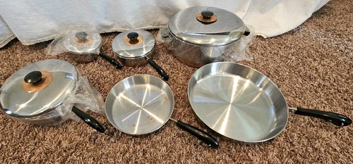 Lot Vtg Stainless Steel Copper Bottom Korea 3 Pots 3 Pans Set W/ Lids Never Used