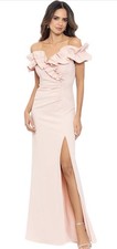 Xscape Long Off the Shoulder Ruffle Trim Scuba Crepe Gown Size 6 Blush $249