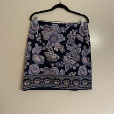 Talbots Petite Sz 8P Navy Blue Cotton Blend Preppy Paisley Canvas A-Line Skirt