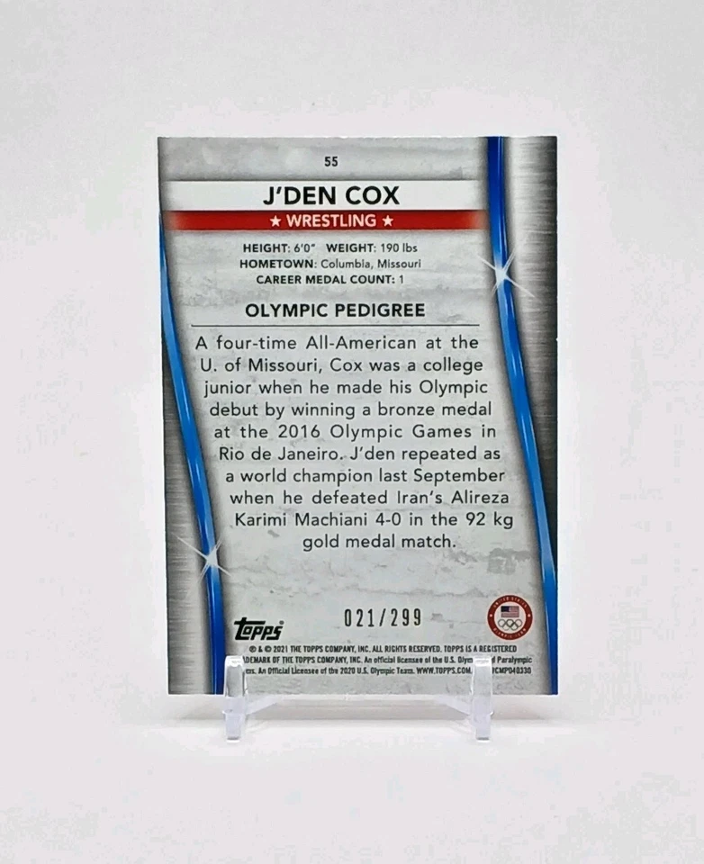 J'den Cox #/299 2021 Topps U.S. Olympic & Hopefuls USA Flag 55 Wrestling Card - Image 2 of 2