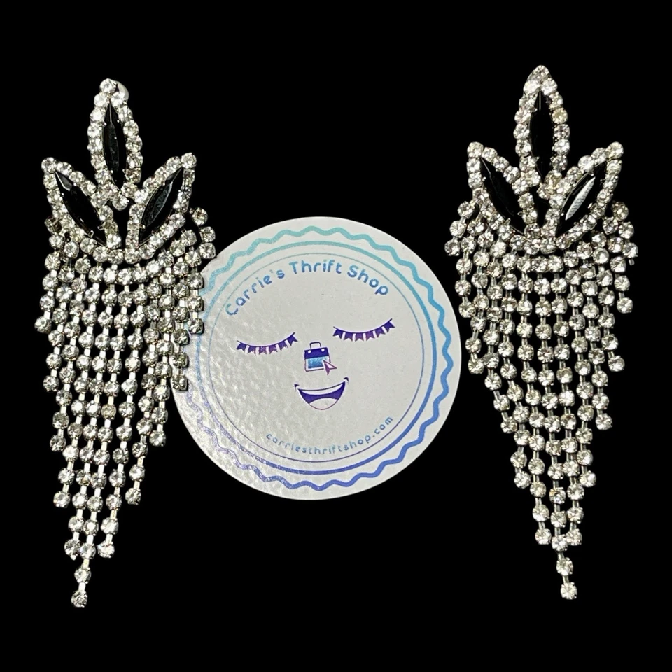 Vintage Black White Crystal Long Dangle Drop 3.5" Glitz Party Post Earrings - Image 2 of 4