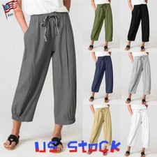Womens Summer Cotton Linen Baggy Harem Pants Plain Casual Loose Trousers US