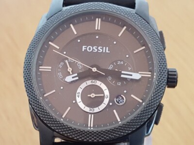 Mens Vintage Military Style Black Leather Fossil Machine Gun-Metal Chrono  Watch UK