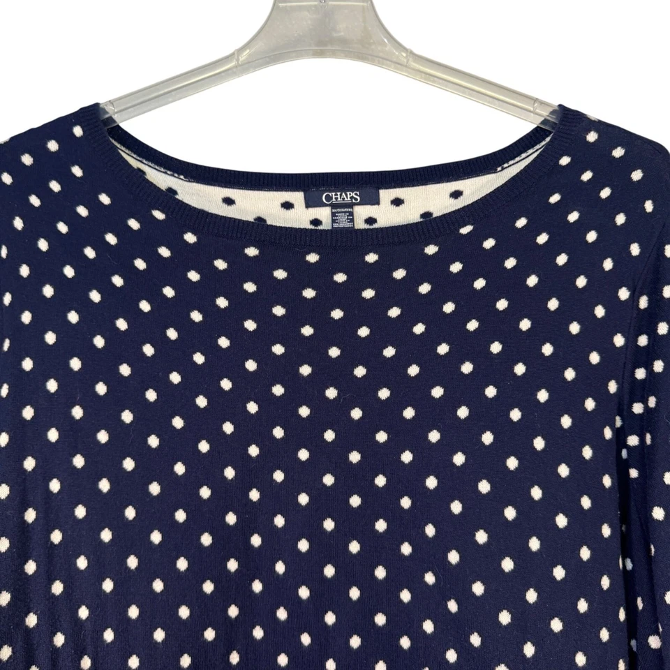 Chaps Size 3X Navy & White Polka Dot Chiffon Hem Sweater - Image 2 of 4