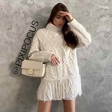 ZARA NEW FRINGED KNIT SWEATER OVERSIZED POM POMS ECRU S SMALL  3859/117