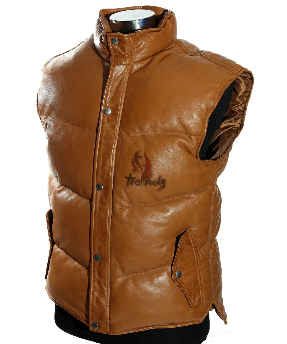 Men's Everest Puffer Tan Lambskin Leather Military Padded Waistcoat