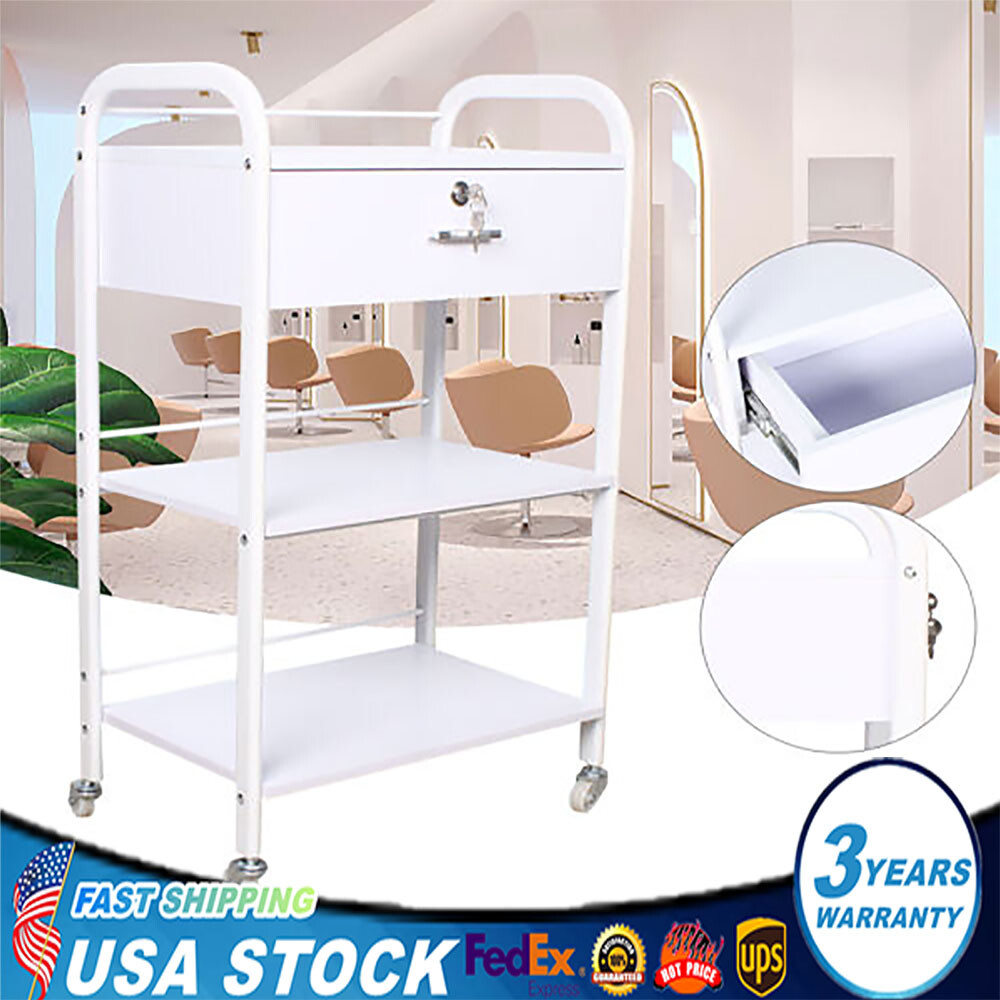 Rolling Cart 3-Tier Utility Cart Heavy Duty Steel w/Drawer, Bar Storage Trolley