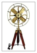 Fan Electric Corded Handmade Brass Antique Vintage Pedestal Fan with Wood Tripod