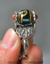 1.2" Alte chinesische Sterling Silber Inlay Türkis Edelsteine Dynastie Blume Fig