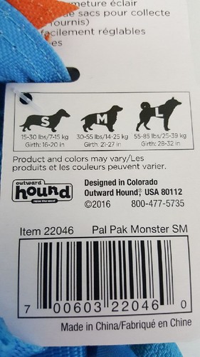Pal Pak Harness For Dogs With Pickup And Storage Pockets In 3 Sizes ~ Monster - Picture 3 of 7