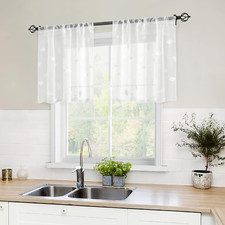 Embroidered Leaf White Sheer Kitchen Curtains 30x36 Inch, 2 Panels