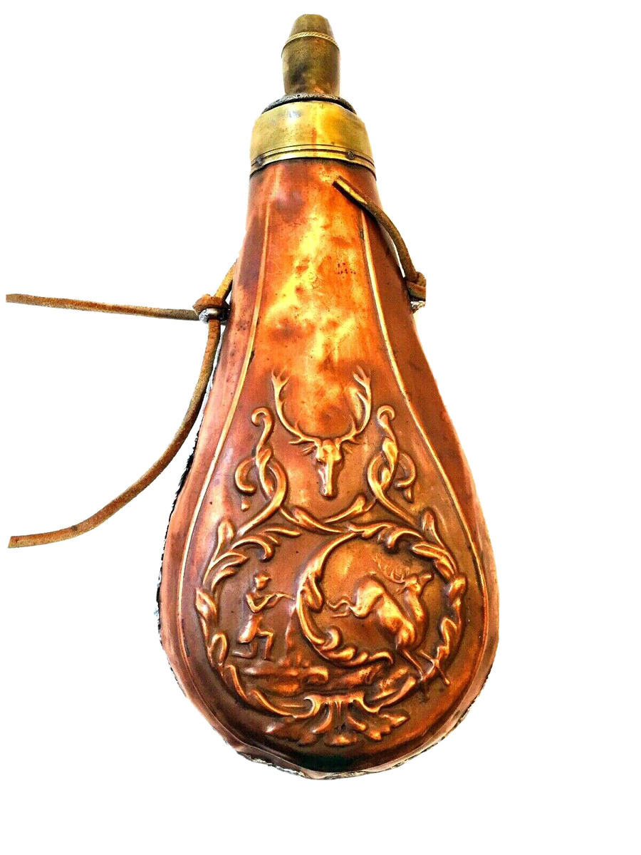 Mid 19th Century Embossed Copper Powder Flask, Circa 1860 NOT A