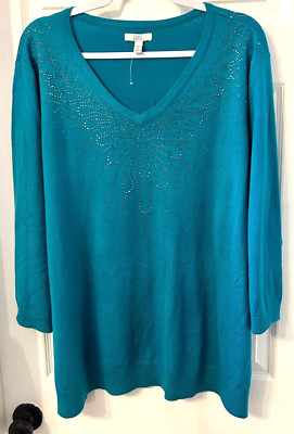 CROFT & BARROW Sweater 3X Teal Green Sparkle V Neck Holiday Soft Top NWOT