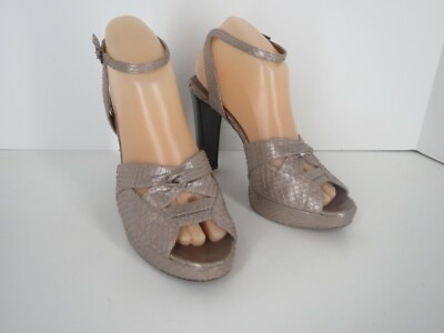 Celine Leather Heels Sz 8 38 C Beige Metallic Snake Peep Toe Platform Mary Jane