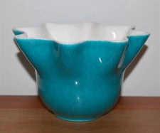 Vintage Mid-Century Aqua Blue / Cream Fluted Pottery Bowl, Numbered 205, USA