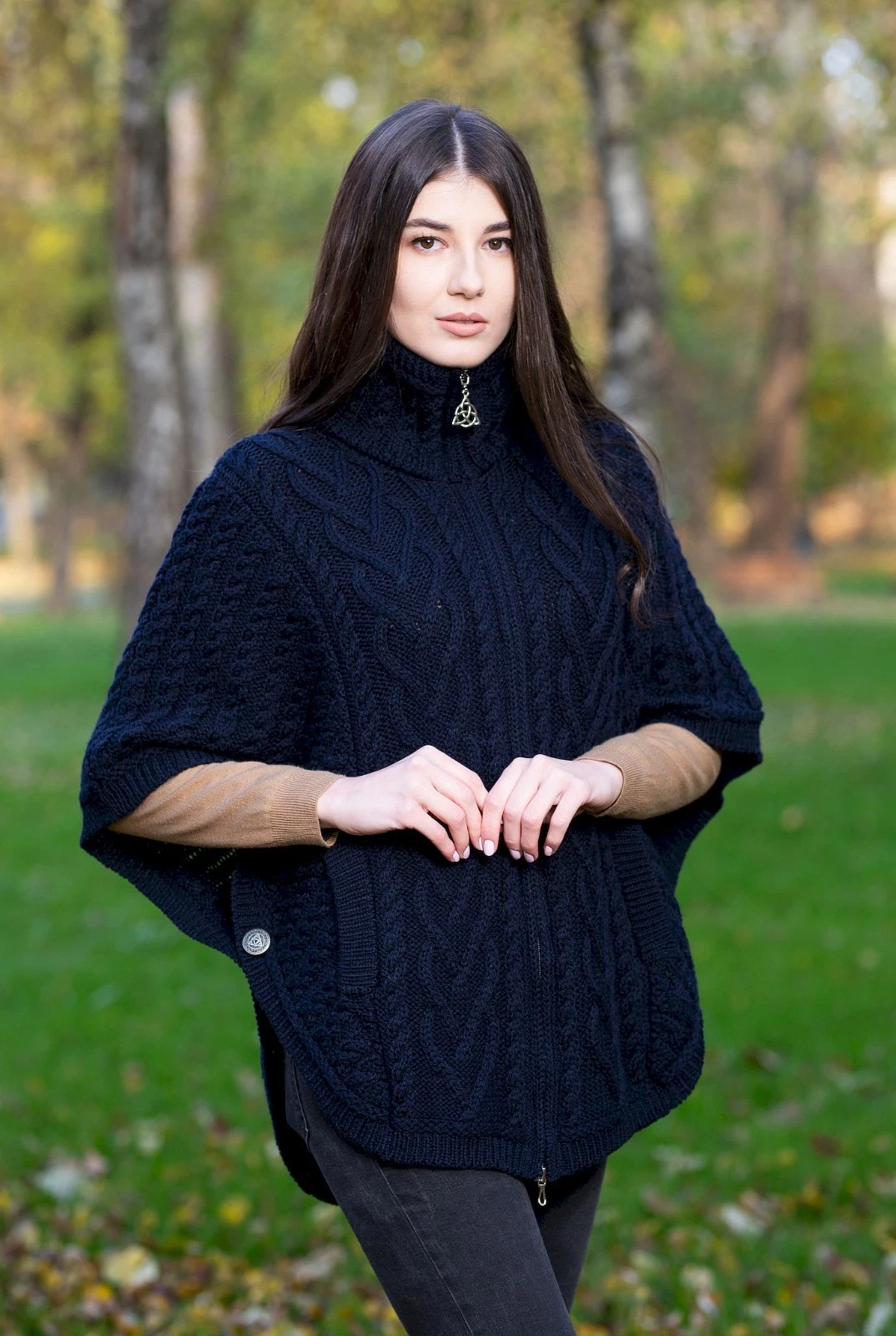 SAOL Irish Cardigan Women's 100% Merino Wool Aran Zipper Poncho Front Pockets