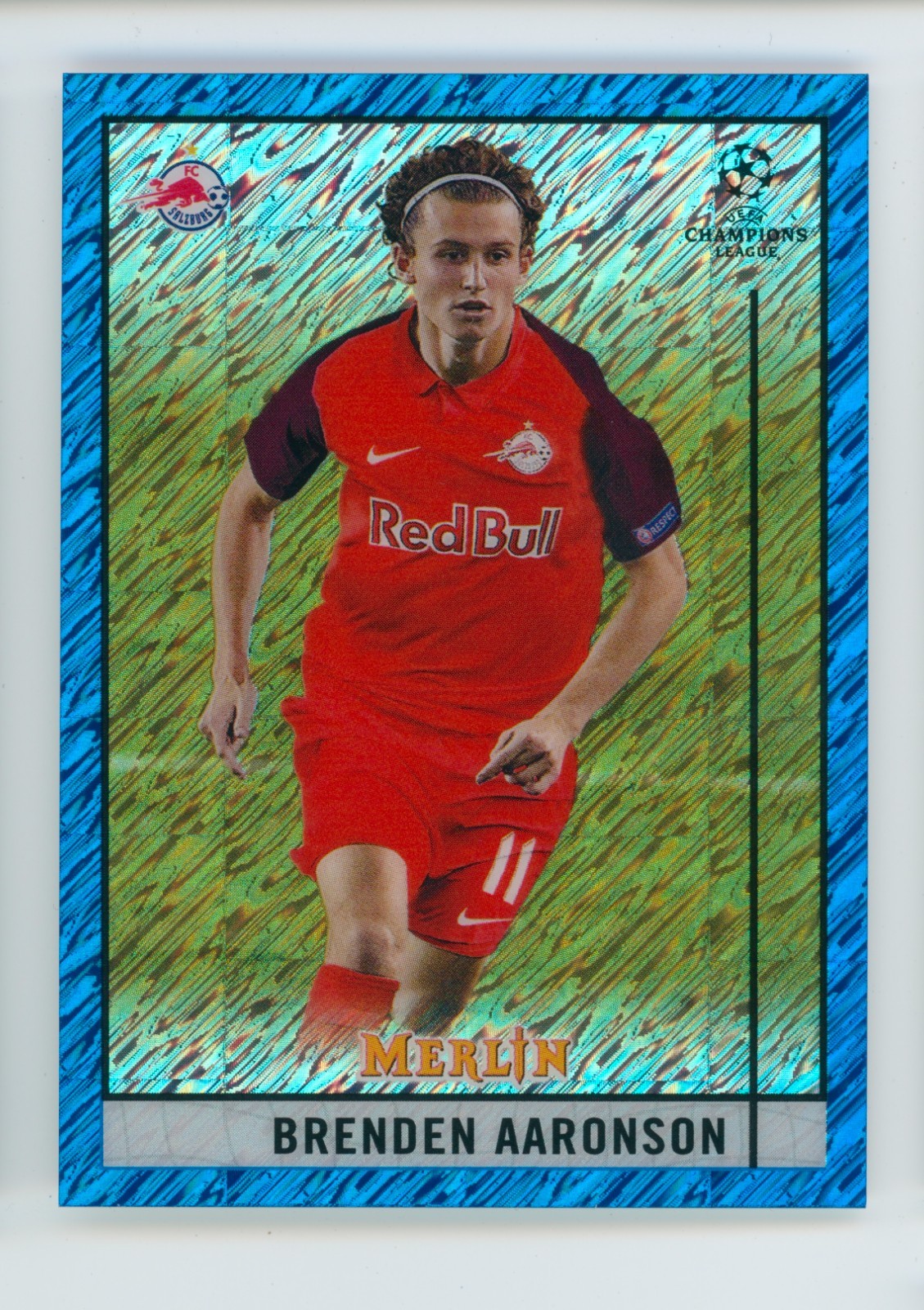 2020-21 Brenden Aaronson Topps Merlin Chrome Blue Shimmer FC Salzburg Card 39/75