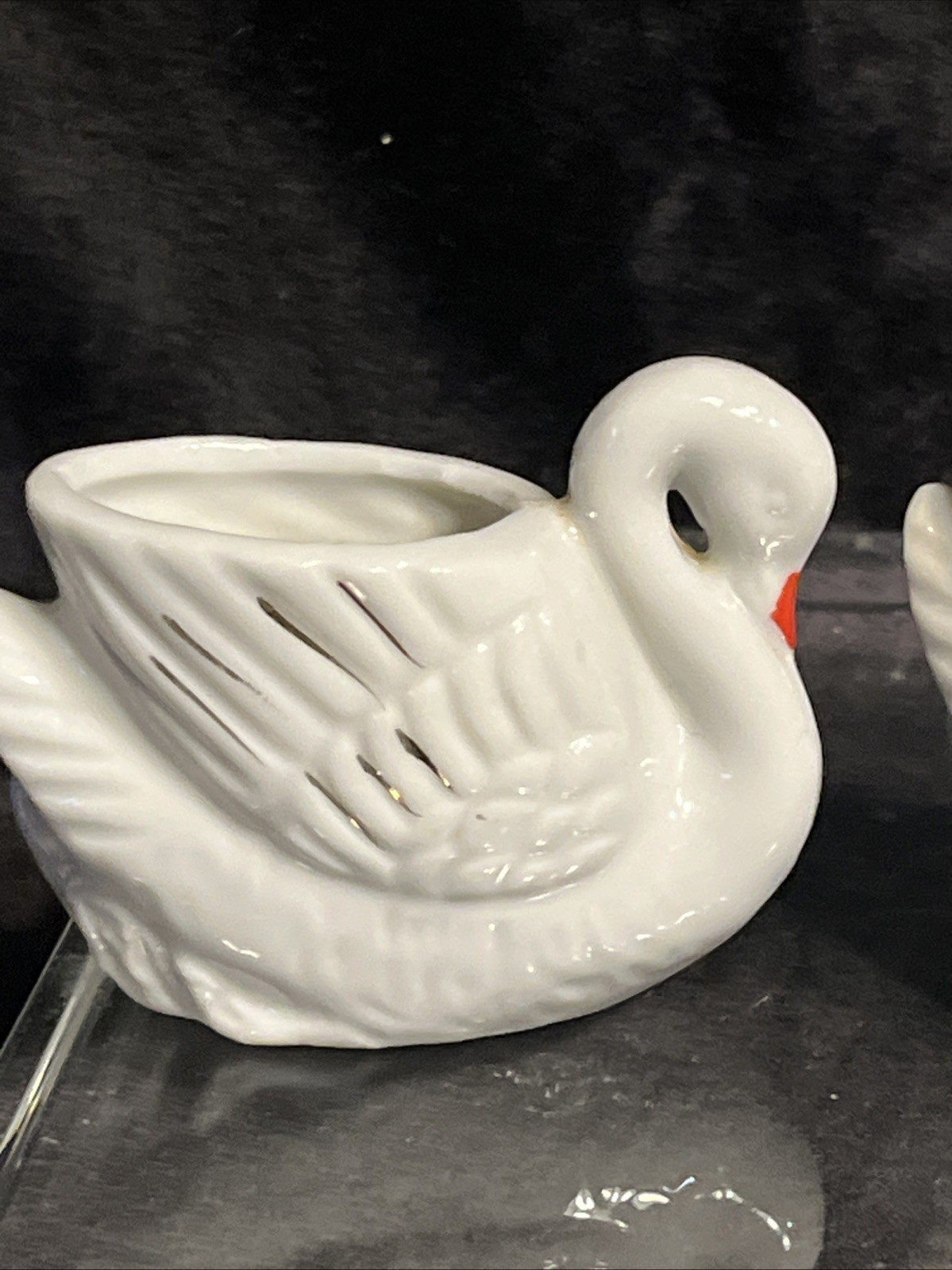 Toothpick HOLDER Porcelain Swan Mom Baby JAPAN Pair of (2) Vintage