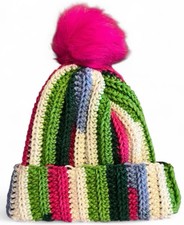 Crochet Ribbed Beanie With Faux Fur Pom Pom - Adult Size Watermelon