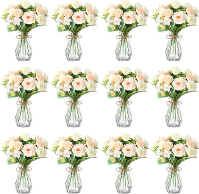 Champagne Hydrangea Bouquet Set with Clear Vases for Home Decor - 37 Pack