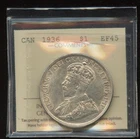 1936 Canada $1 Silver Dollar - ICCS EF45 #XGK 190