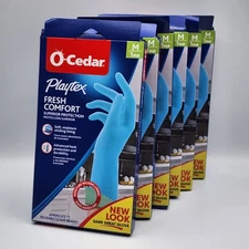 6 Pairs O-Cedar Playtex Fresh Comfort Blue Kitchen Rubber Gloves Size Medium